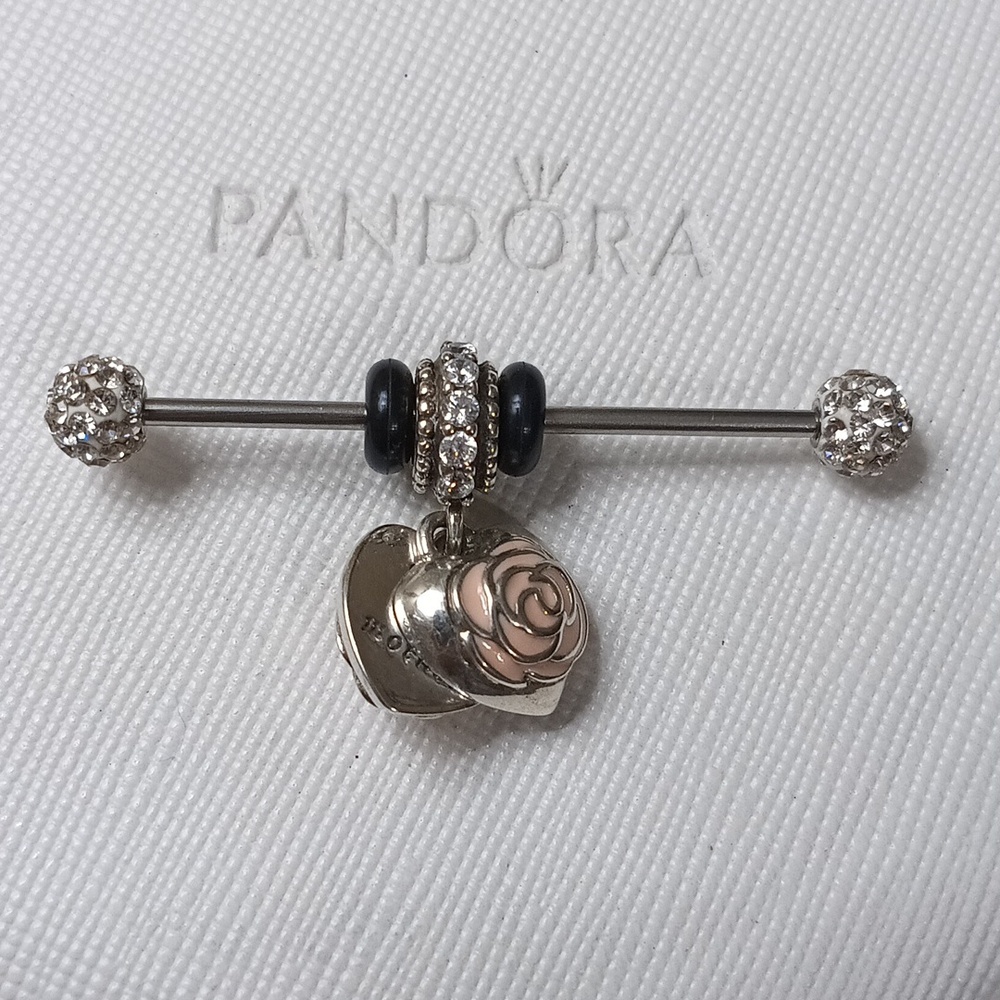 Pandora Vintage Silver Pink Enamel Clear CZ Mother's Rose Dangle Pendant/Charm
